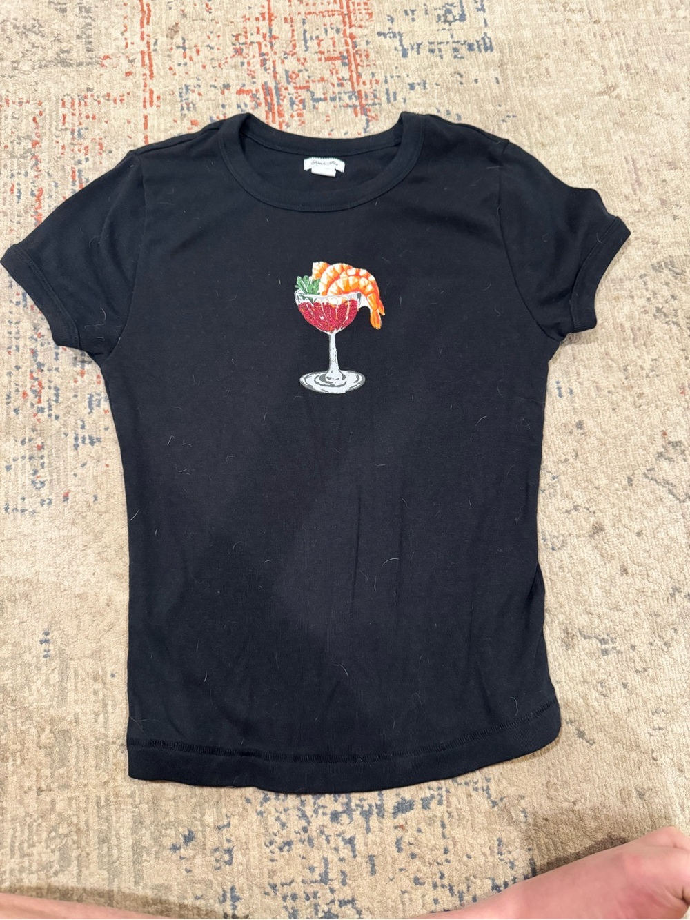 Black Women’s Graphic Tee with Shrimp Cocktail Embroidery